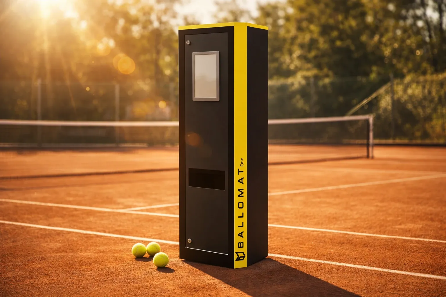 BALLOMAT Ballautomat auf einem Sandplatz im Abendlicht